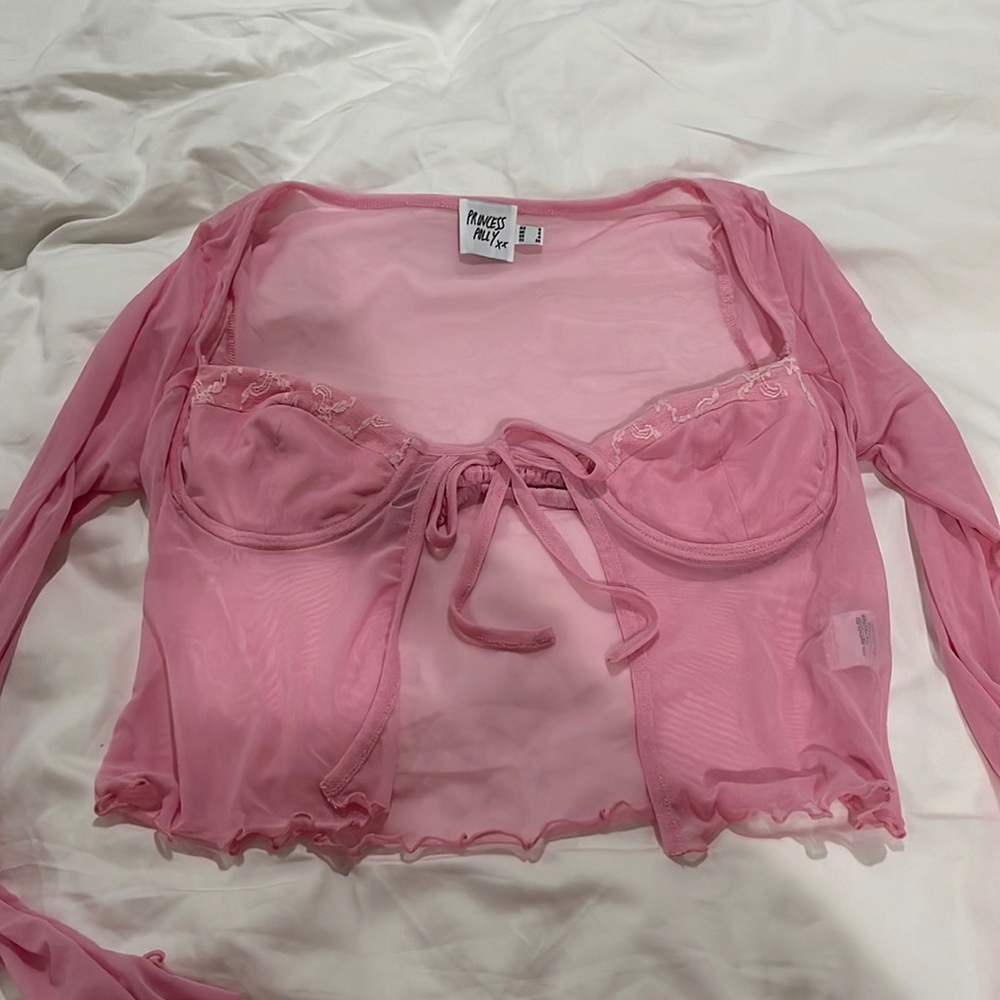 Pink Mesh Long Sleeve Crop Top